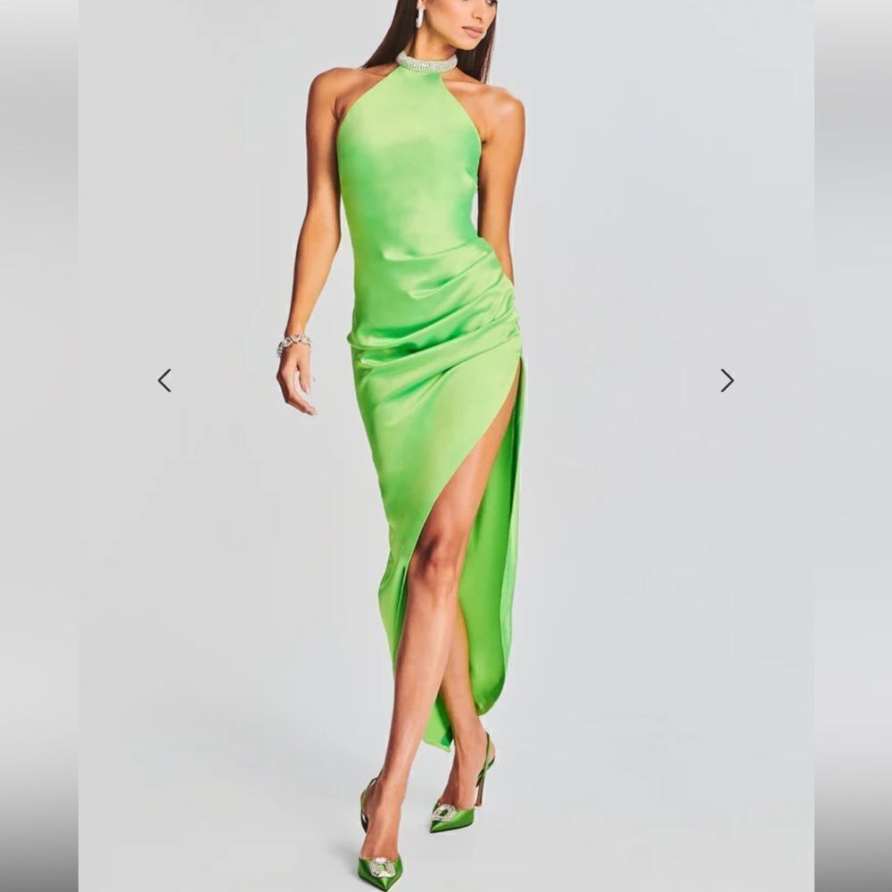Retrofete Maria dress satin maxi lime green rhinestone collar high slit NWT S